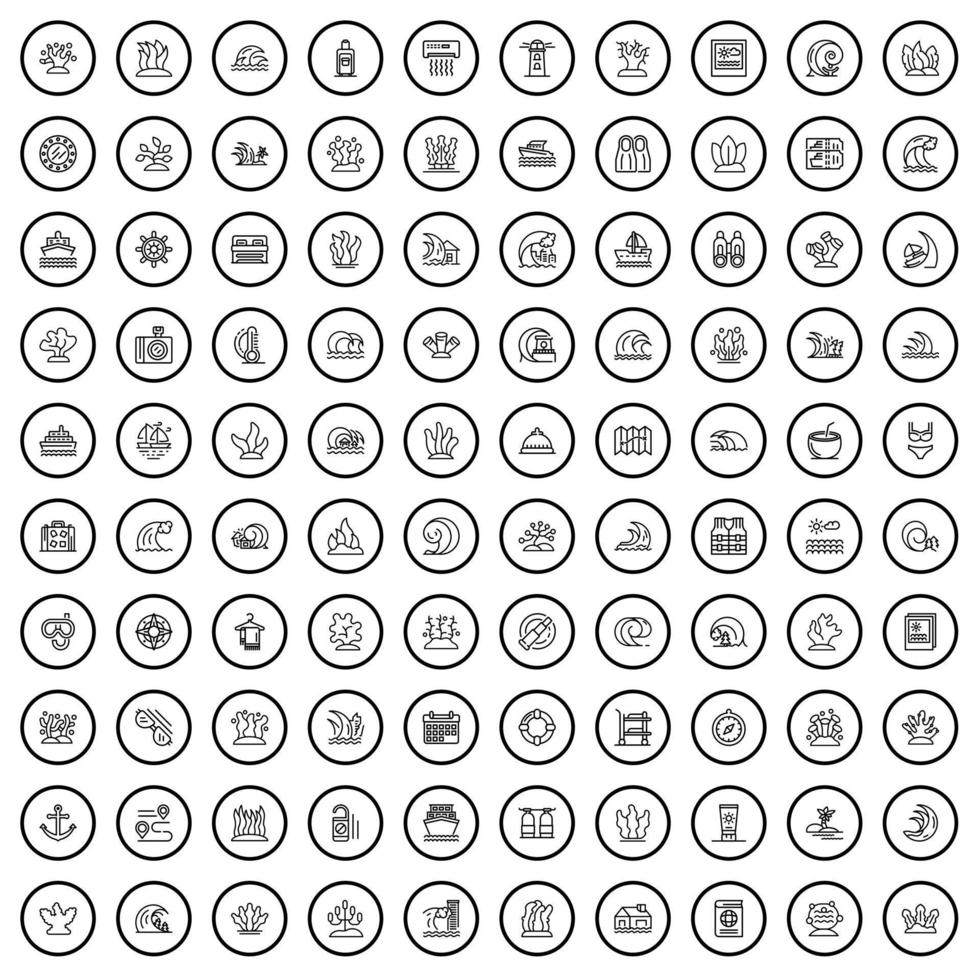 Ensemble de 100 icônes de l'océan, style de contour vecteur