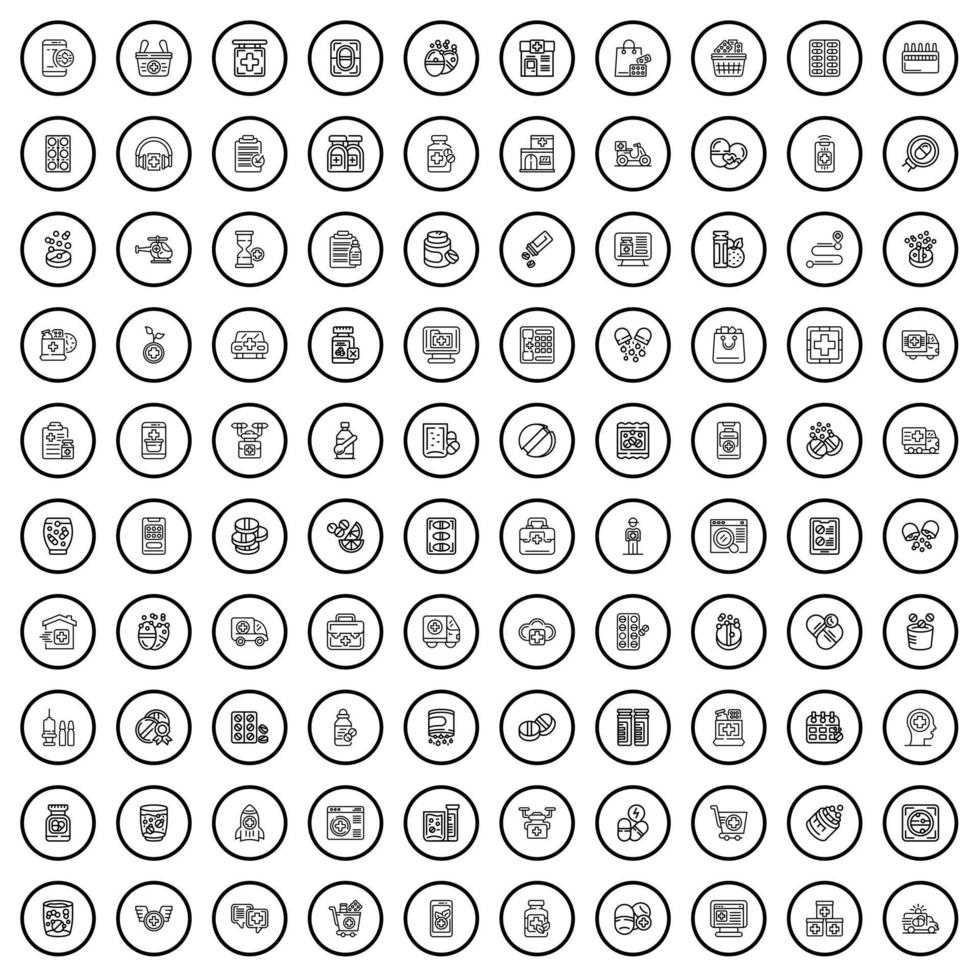 Ensemble de 100 icônes de pharmacie, style de contour vecteur