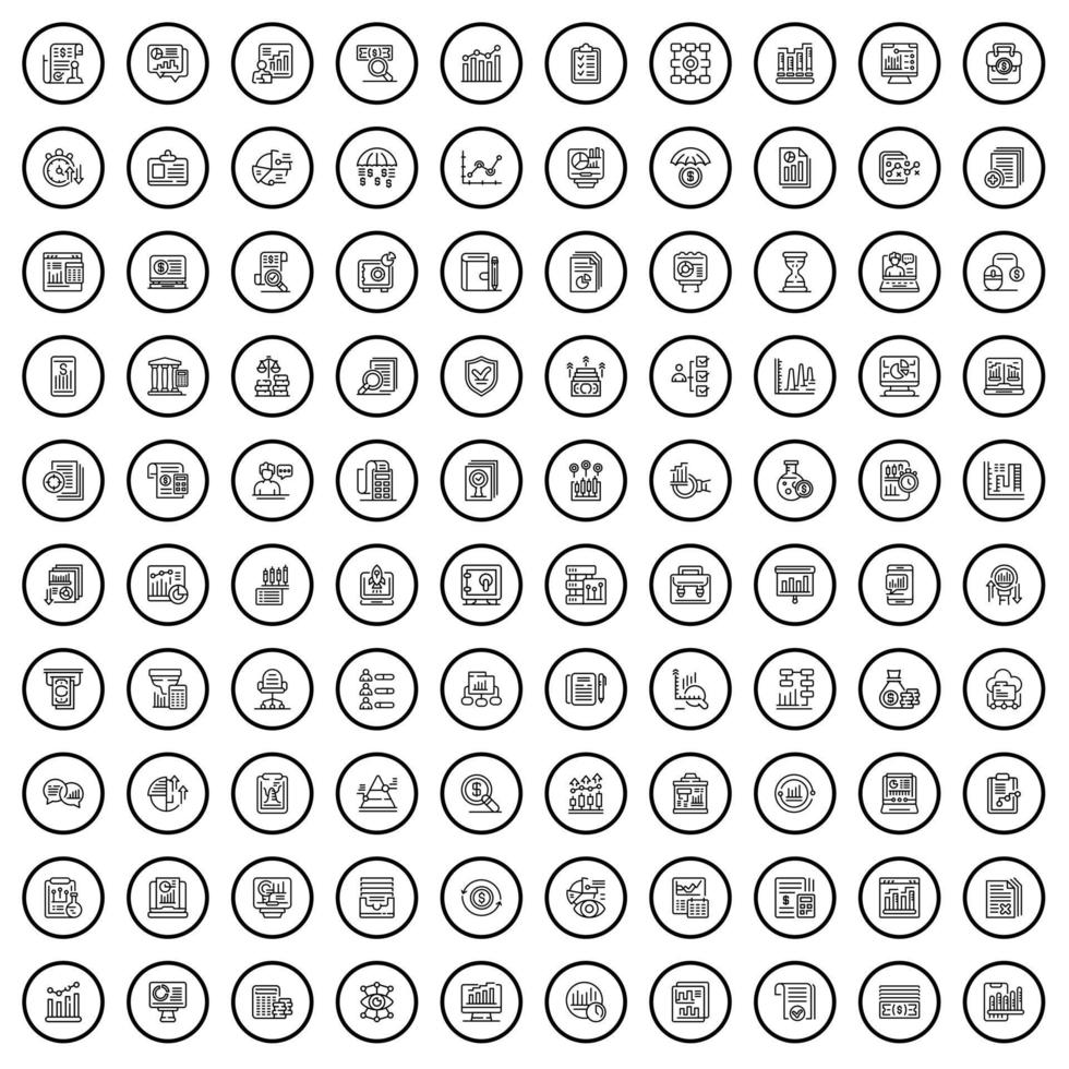 Ensemble de 100 icônes d'analyse de données, style de contour vecteur