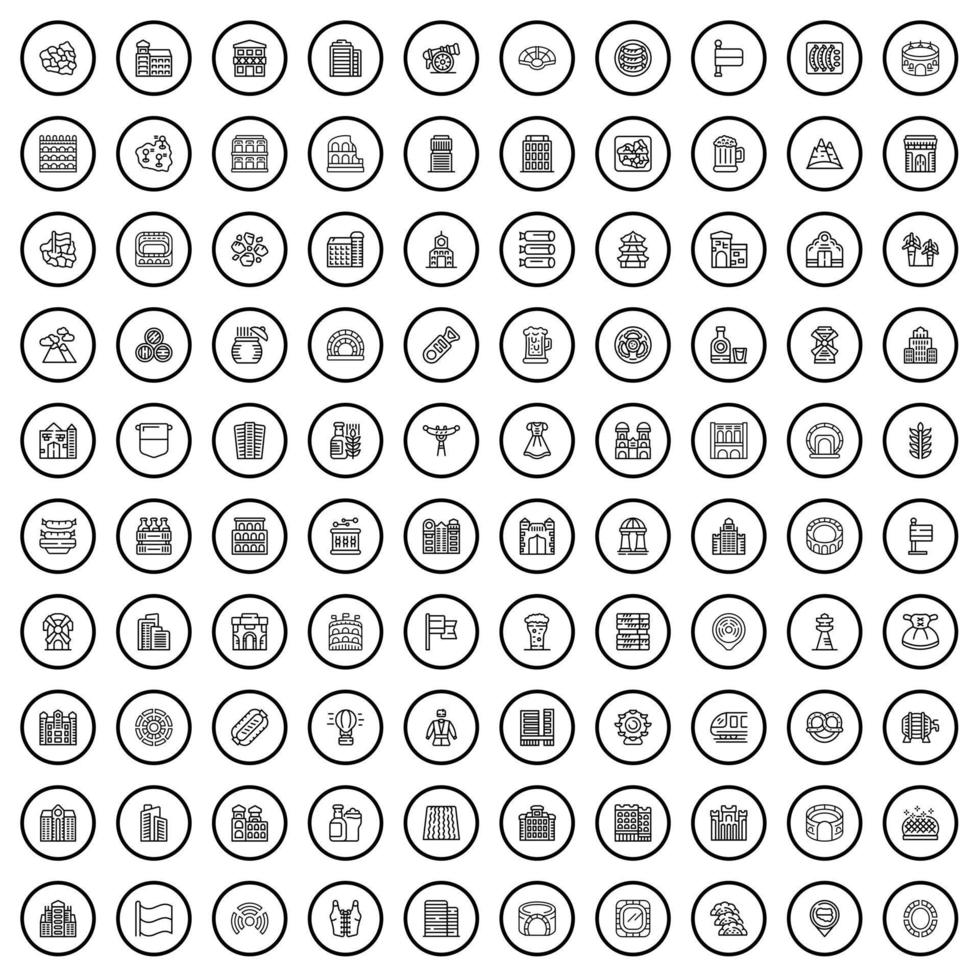 Ensemble de 100 icônes d'Europe, style de contour vecteur