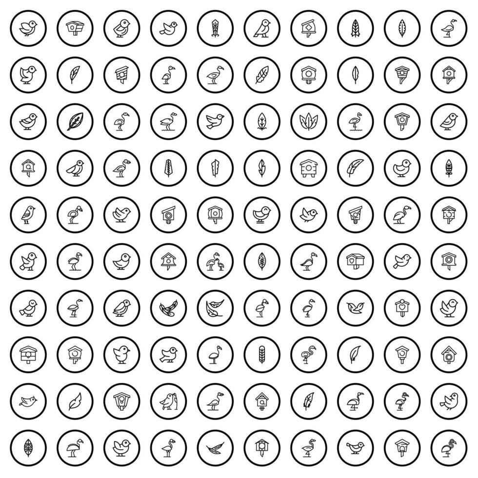 Ensemble de 100 icônes d'oiseaux, style de contour vecteur