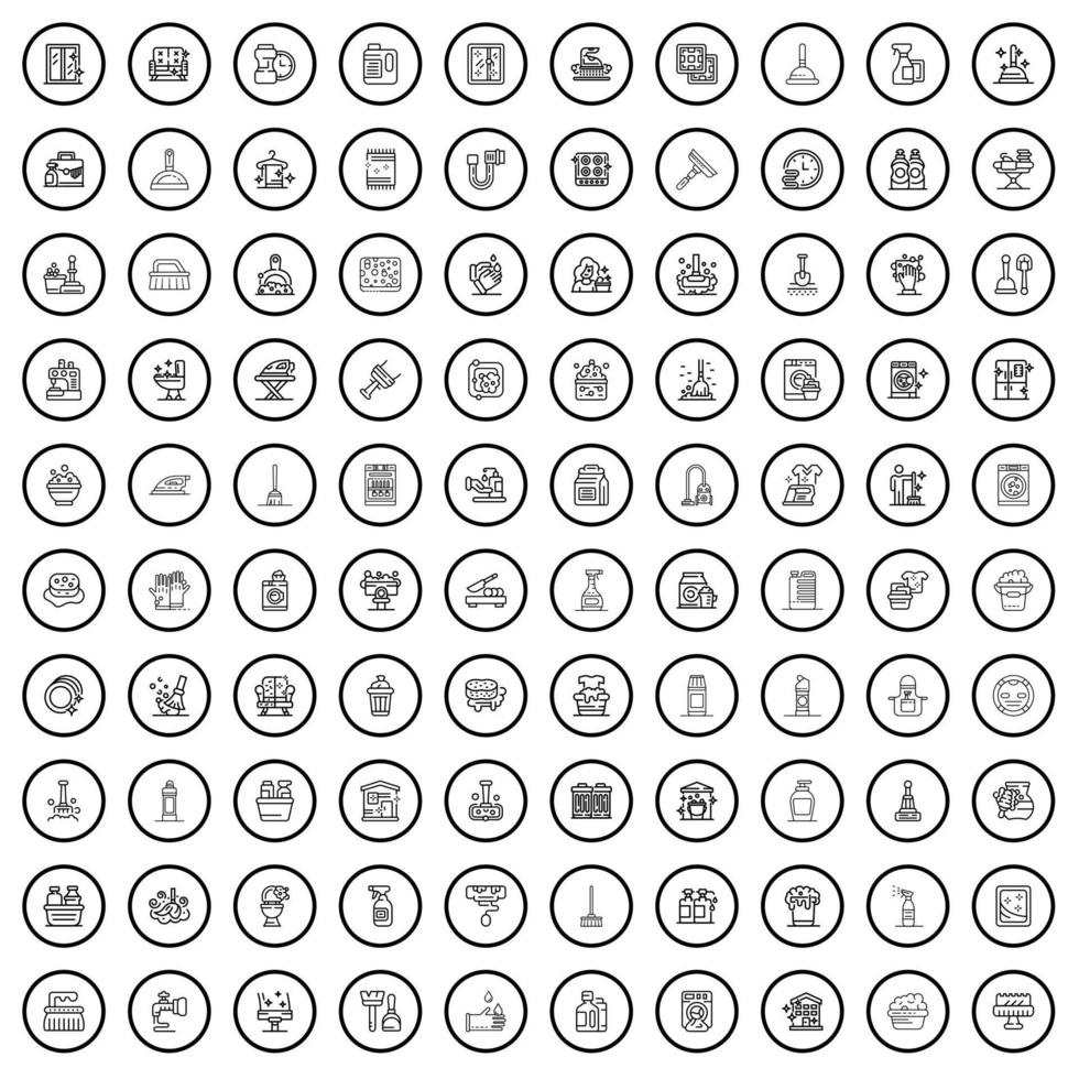 Ensemble de 100 icônes de nettoyage, style de contour vecteur