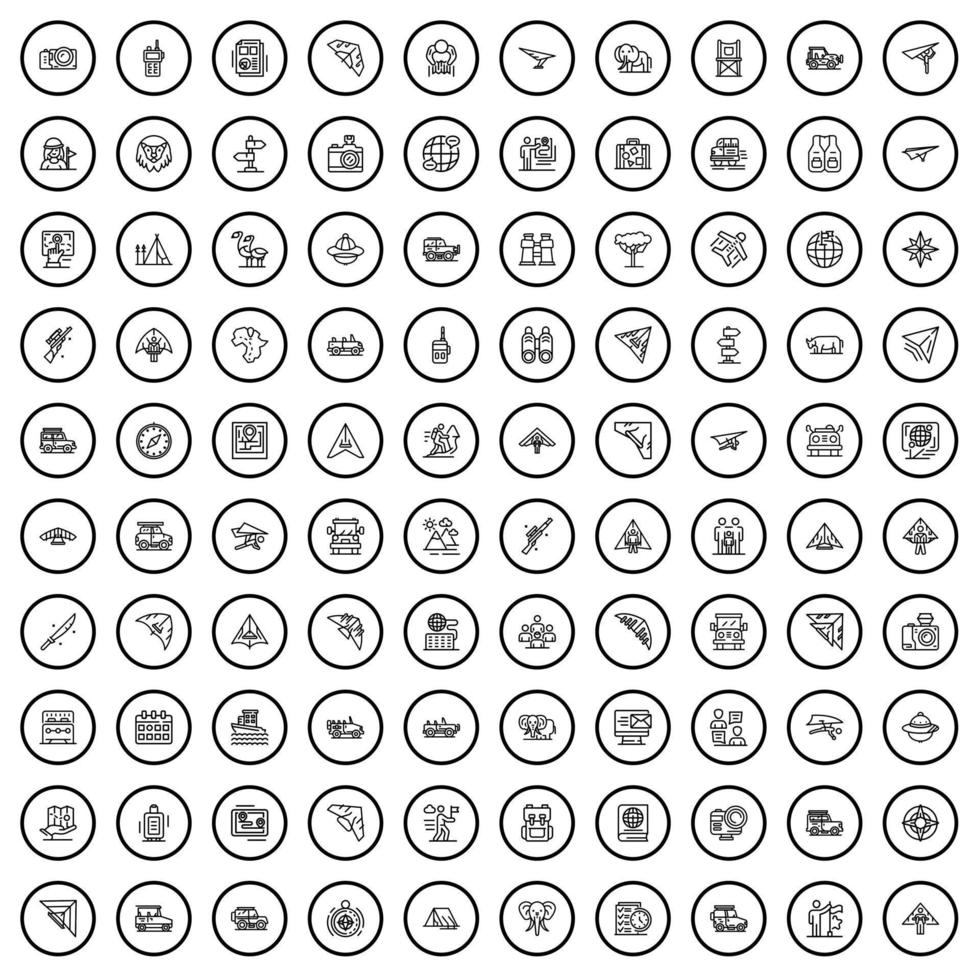 Ensemble de 100 icônes d'aventure, style de contour vecteur