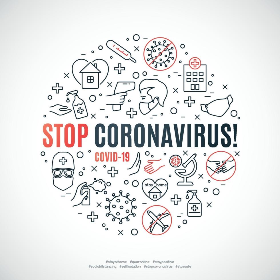 composition de cercle avec des icônes de ligne et du texte arrêtent le coronavirus. concept de prévention covid 19. vecteur