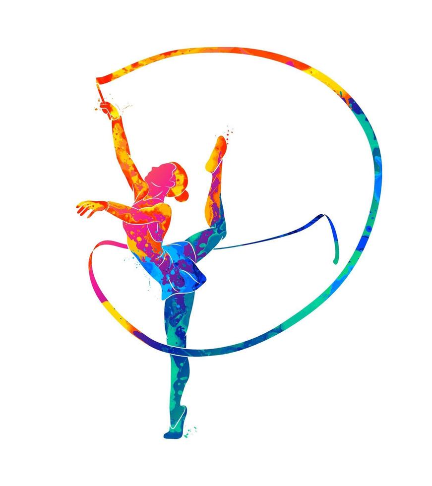 gymnaste fille abstraite avec ruban d'éclaboussure d'aquarelles. illustration vectorielle de peintures vecteur