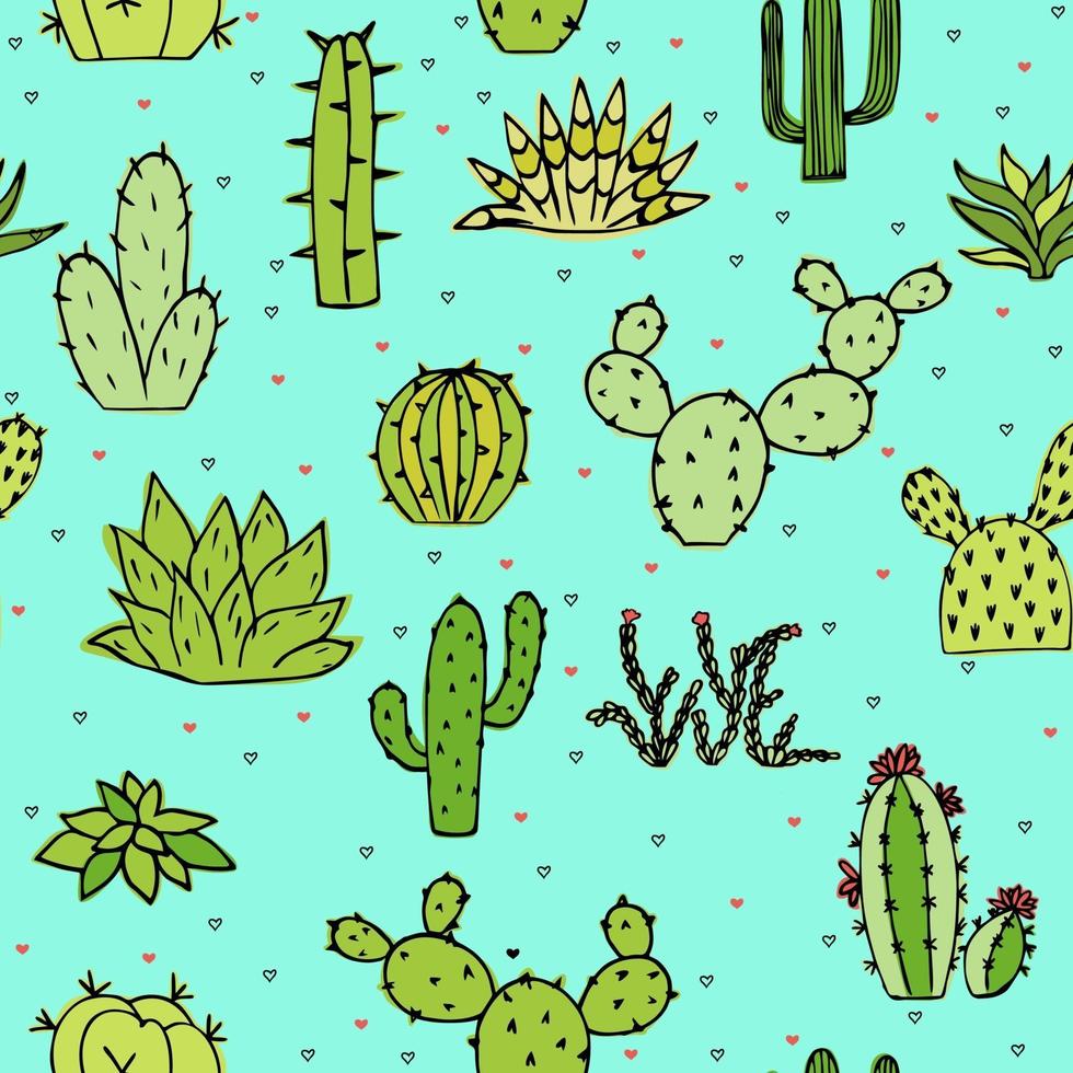 illustration de griffonnages cactus et succulentes sans soudure. peut être utilisé des éléments de conception et de tissu. motif de jeunesse brillant avec coeur. vecteur