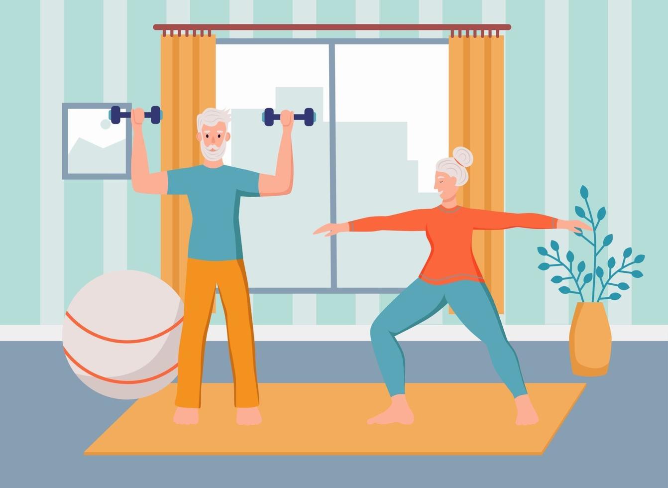 un couple de personnes âgées fait du sport à la maison. le concept de la vieillesse active, du sport et du yoga. jour des personnes âgées. illustration vectorielle de dessin animé plat. vecteur