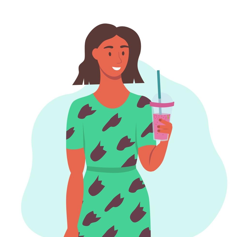 une jeune femme boit un smoothie, du jus de fruits frais, un cocktail. le concept d'une bonne nutrition, d'un mode de vie sain. illustration de dessin animé plat. vecteur