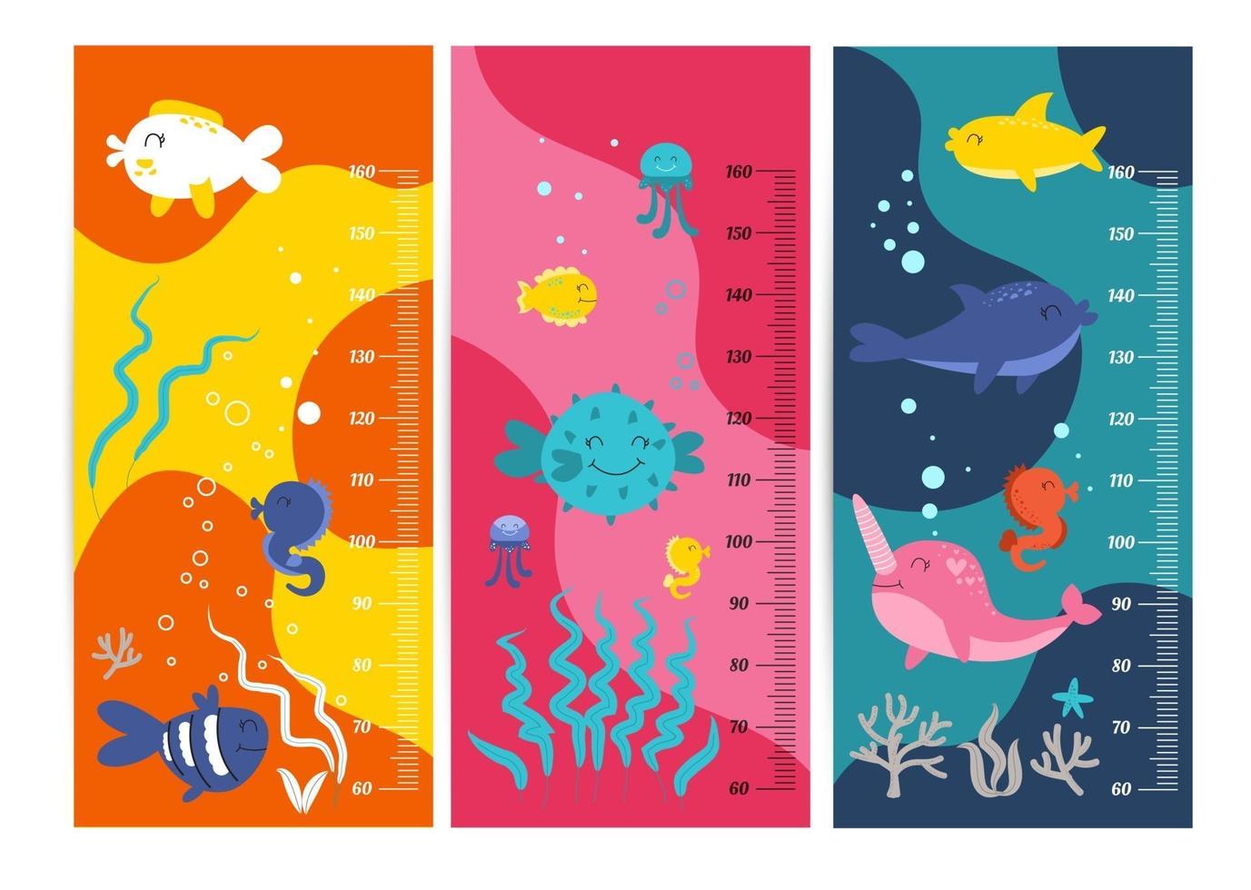 tableau de hauteur des enfants. illustration vectorielle isolée des animaux de dessin animé. jolies mesures d'échelle pour les enfants grandissent. mètre de mesure de croissance de bébé. mètre de hauteur des enfants pour la maternelle. vecteur