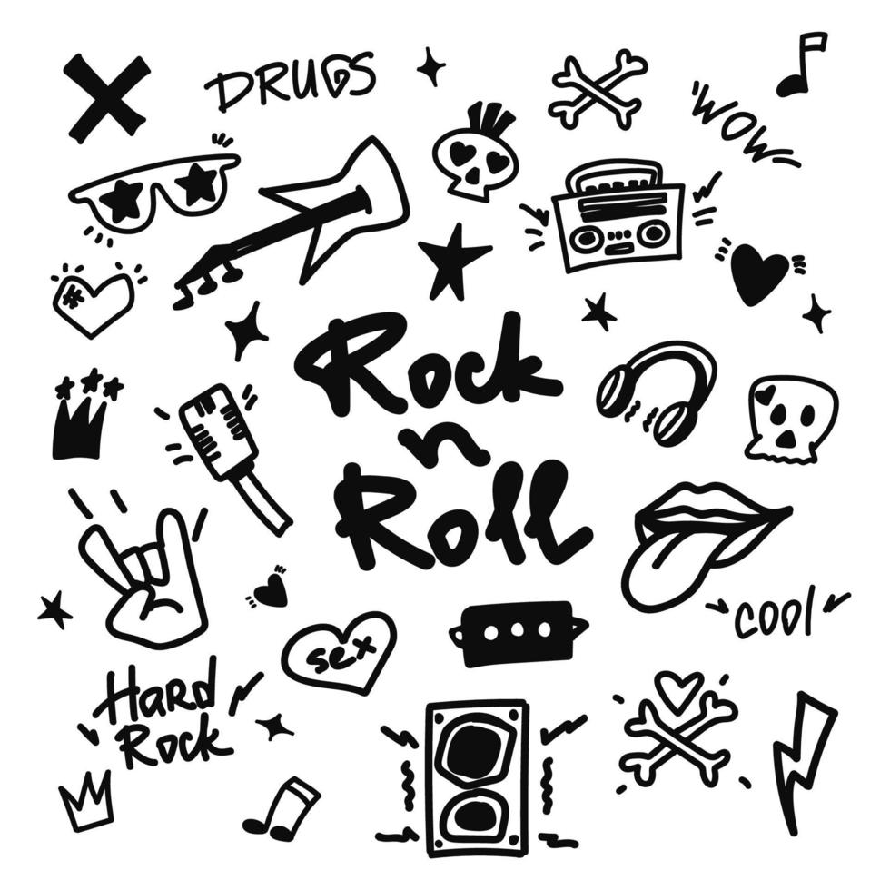 rock n roll, ensemble de doodle de musique punk. graffiti, tatouage autocollant dessiné à la main, texte, crâne, coeur, skate, geste de la main. illustration vectorielle de rock grunge. vecteur