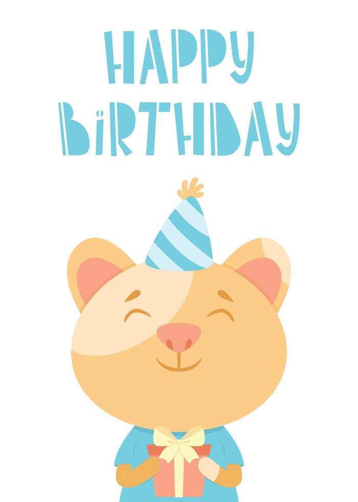 carte d'anniversaire avec un chat et un lettrage dessiné à la main. vecteur