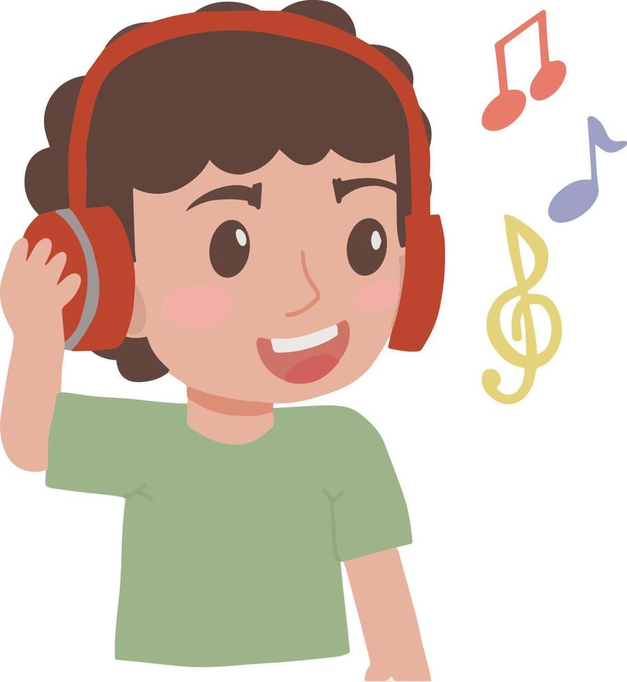 Beau mignonne peu enfant garçon écoute la musique avec casque de musique ressentir content expression prendre plaisir loisir illustration vecteur