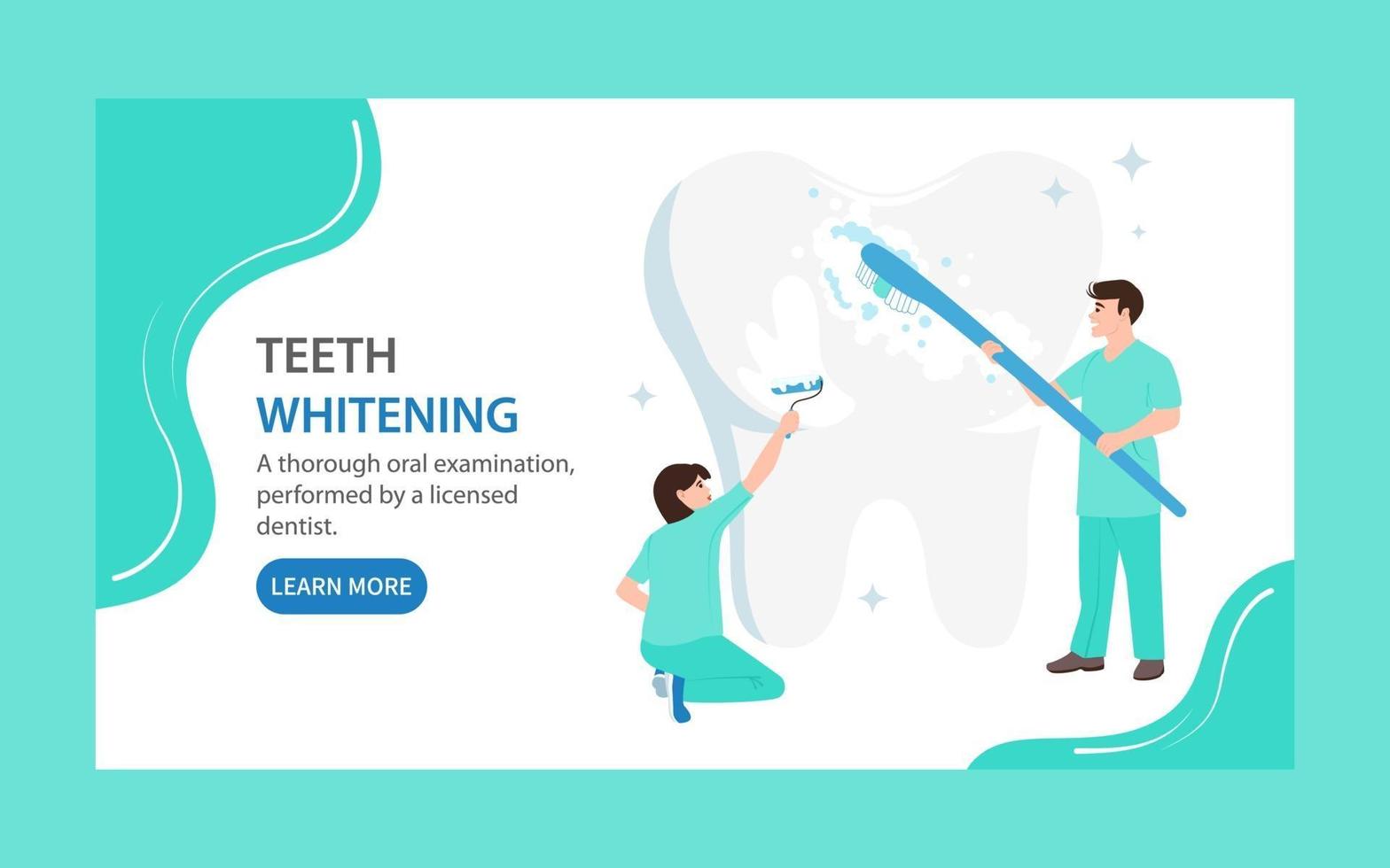 page de destination de blanchiment des dents. les médecins nettoient et couvrent une grande dent de vernis blanc. concept de soins dentaires vecteur