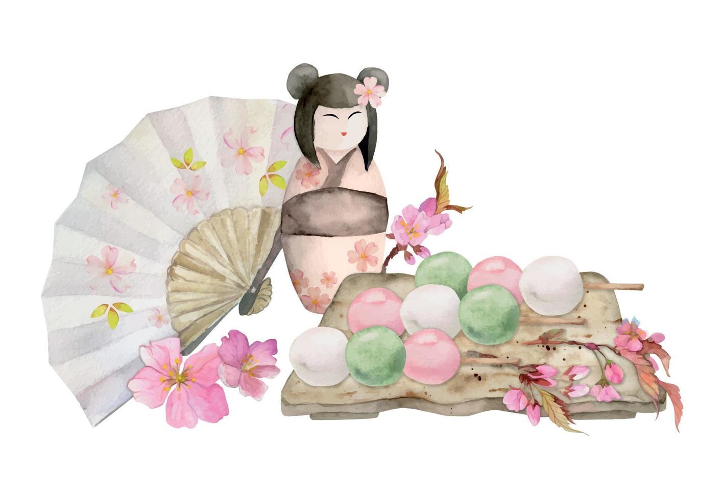 aquarelle main tiré traditionnel Japonais bonbons. céramique plat, printemps neri-kiri, mochi, objets. isolé sur blanc Contexte. conception pour faire-part, restaurant menu, salutation cartes, imprimer, textile vecteur