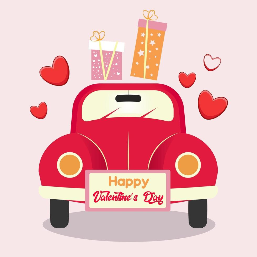carte de voeux Saint Valentin avec voiture rouge, lettrage de voeux, coeurs et coffrets cadeaux. vecteur