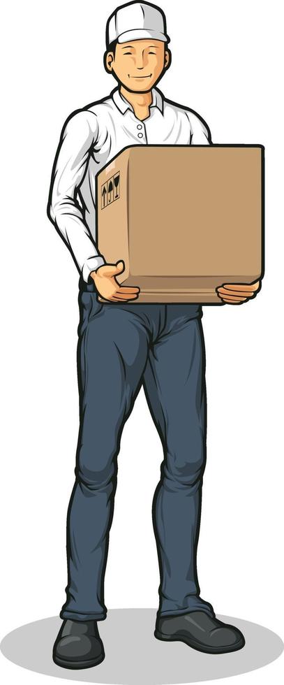 livraison courrier homme apportant illustration de dessin animé de boîte d'expédition de carton vecteur