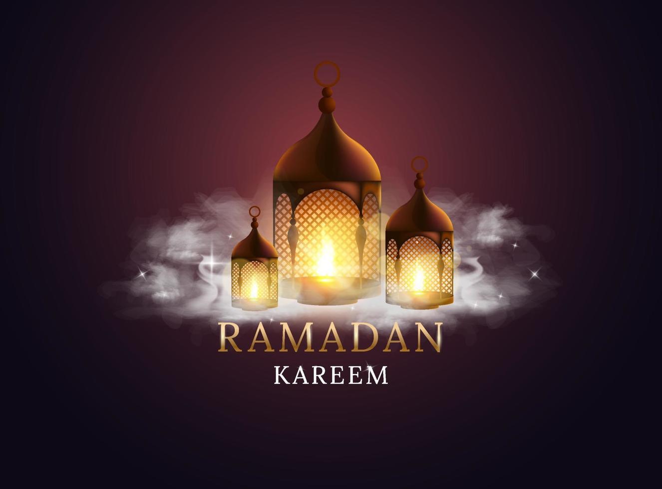 lanterne arabe avec bougie allumée et nuages. Kareem Ramadan. conception d'illustration vectorielle. vecteur