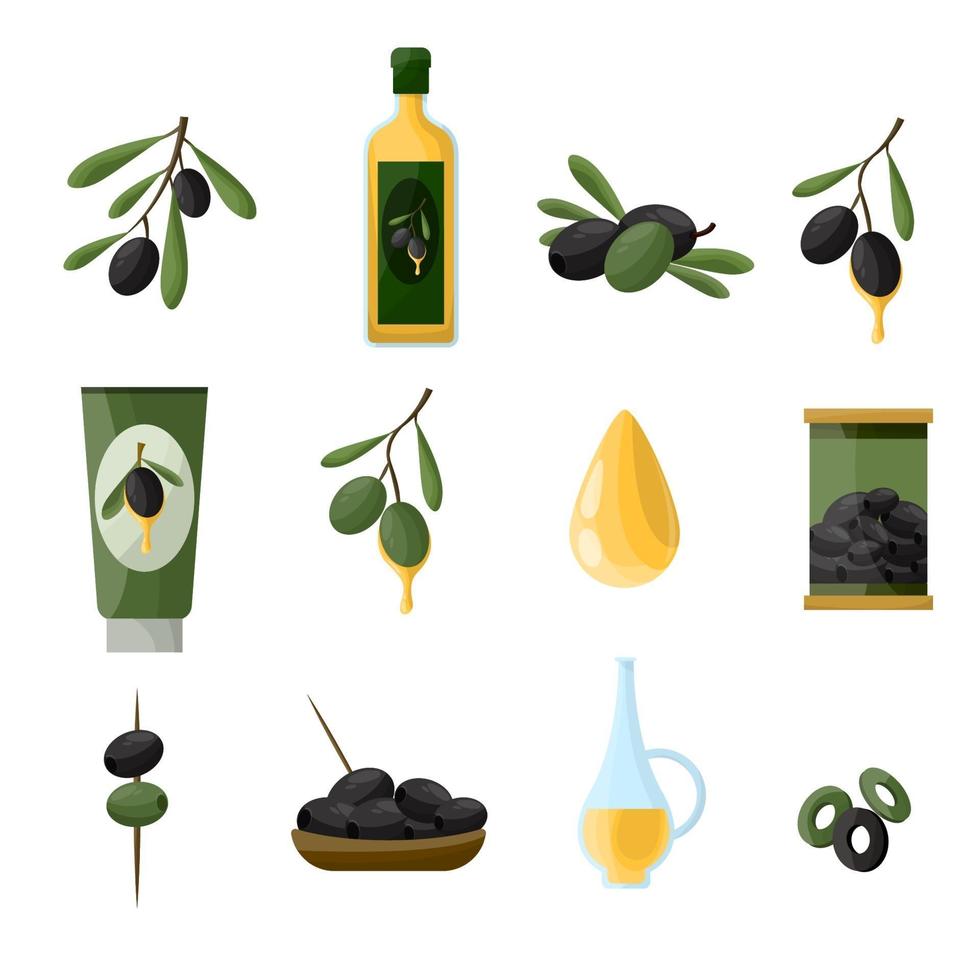 icônes d'olives définies dans le style de dessin animé avec feuille de branche d'huile d'arbre isolé. vecteur