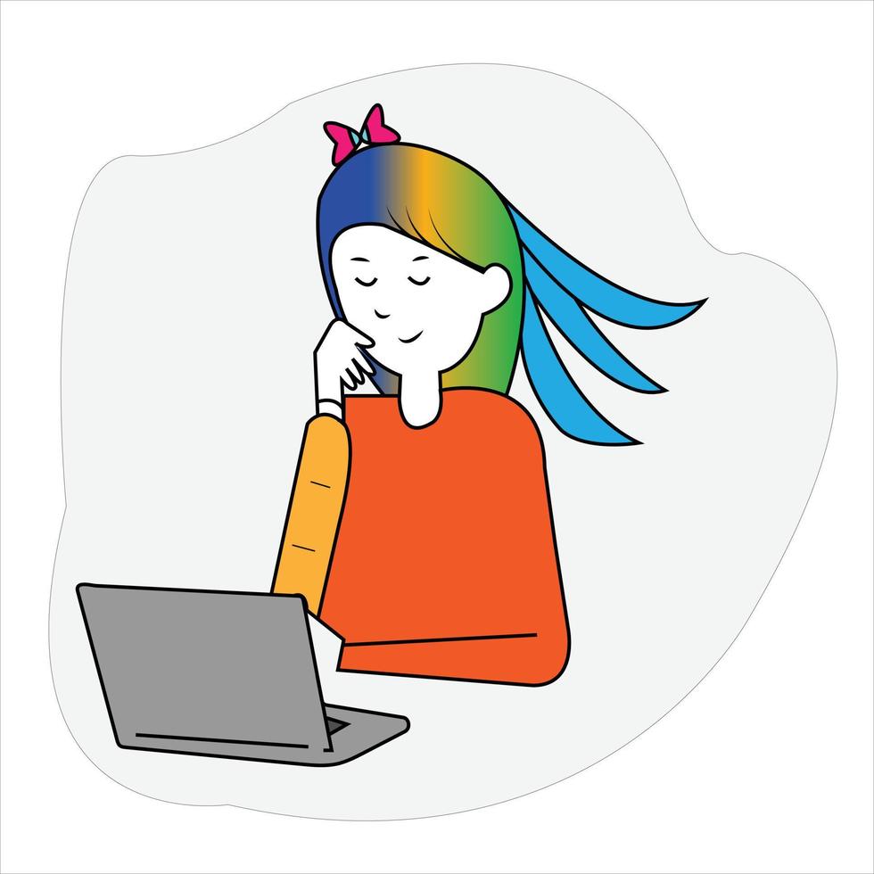 vecteur mignonne fille avec ordinateur travail sur portable dessin animé vecteur icône illustration. gens La technologie icône concept art.