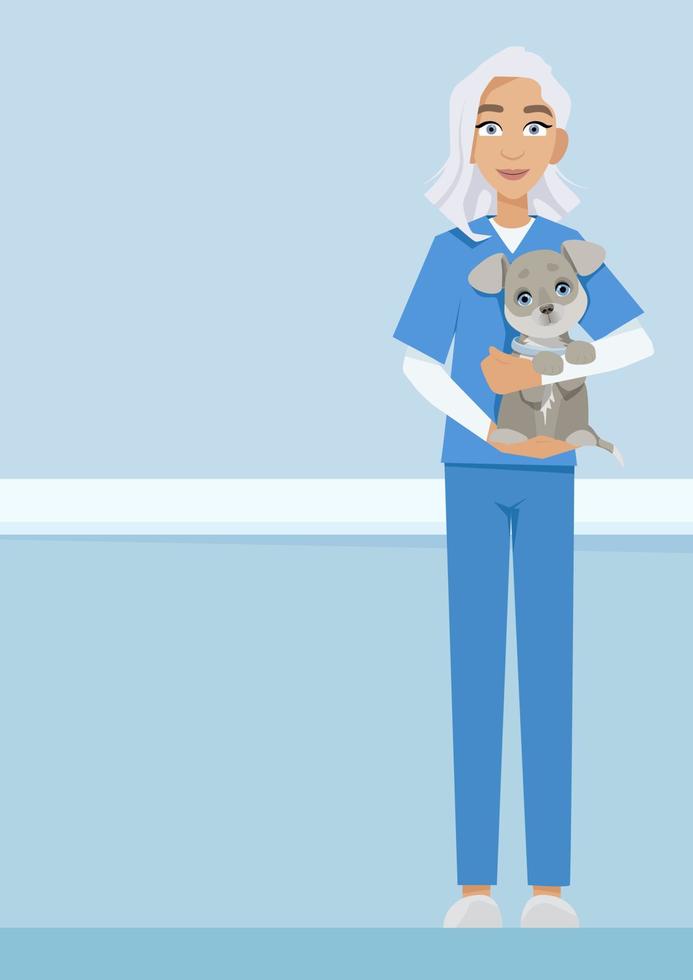 Jeune vétérinaire médecin femme avec une chien dans sa bras vecteur