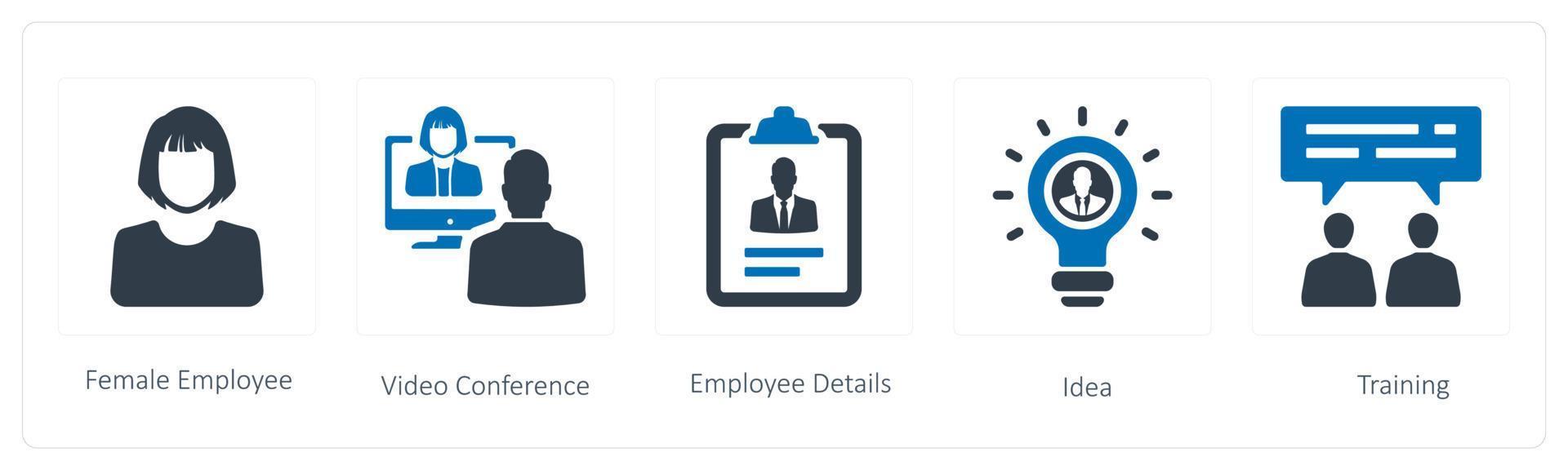 une ensemble de 5 Humain Ressource Icônes tel comme femelle employé, vidéo conférence et employé détails, vecteur