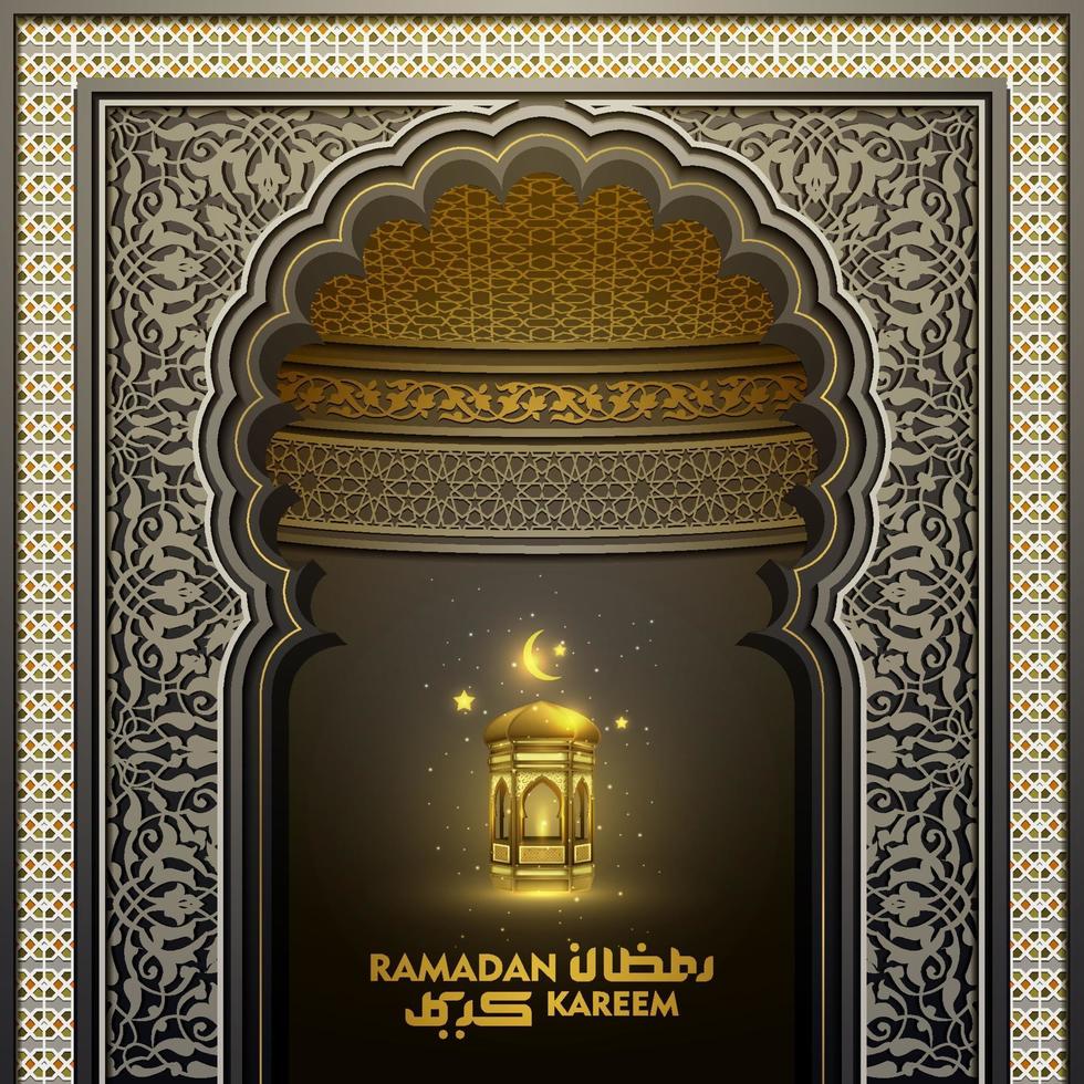 ramadan kareem saluant la conception de vecteur de modèle de mosquée porte islamique avec calligraphie arabe