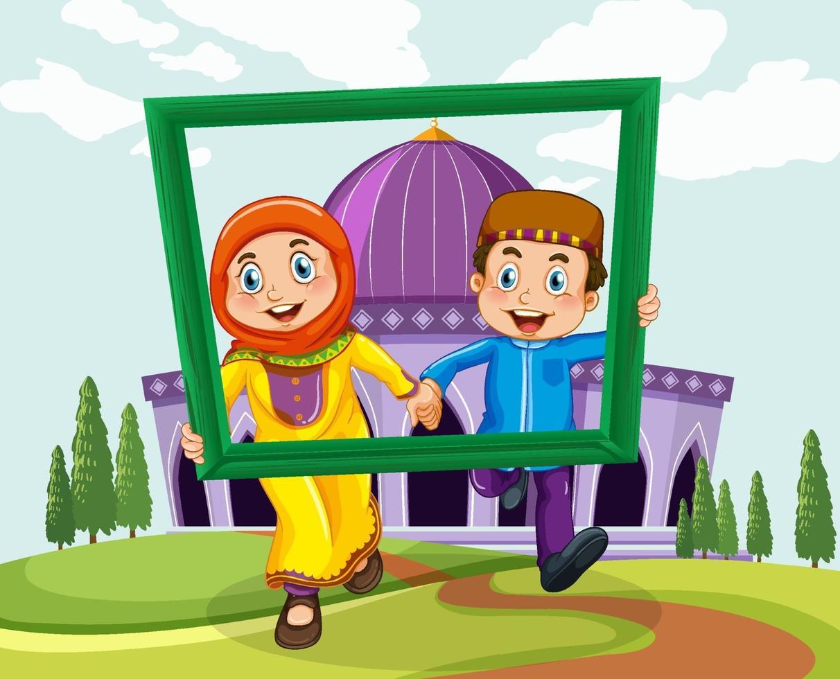 couple musulman avec cadre photo sur fond de mosquée vecteur
