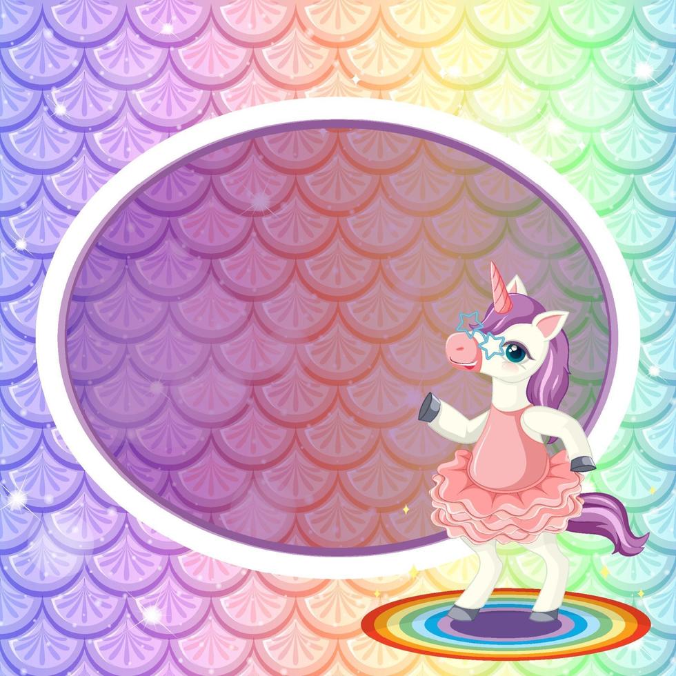 modèle de cadre ovale sur fond d'écailles de poisson arc-en-ciel pastel avec personnage de dessin animé mignon licorne vecteur