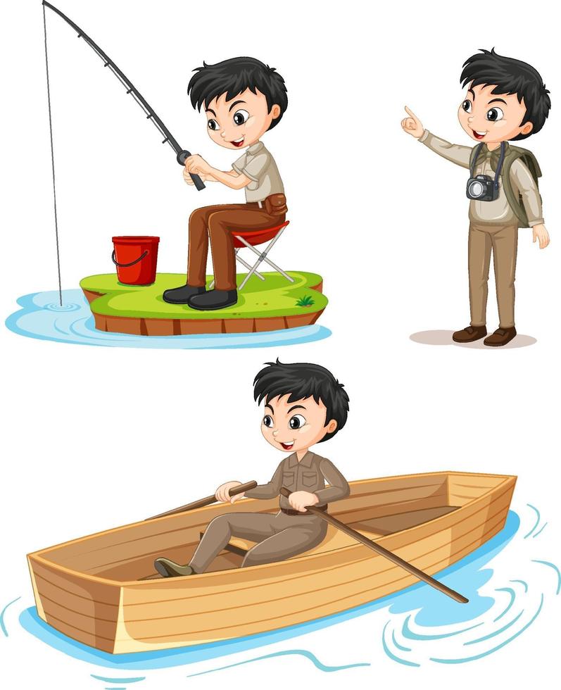 personnage de dessin animé d & # 39; un garçon en tenue de camping faisant différentes activités vecteur
