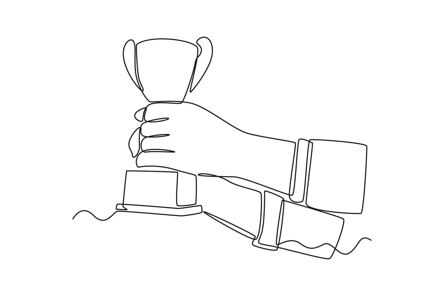 Célibataire un ligne dessin tous les deux mains en portant une trophée. employé appréciation journée concept. continu ligne dessiner conception graphique vecteur illustration.