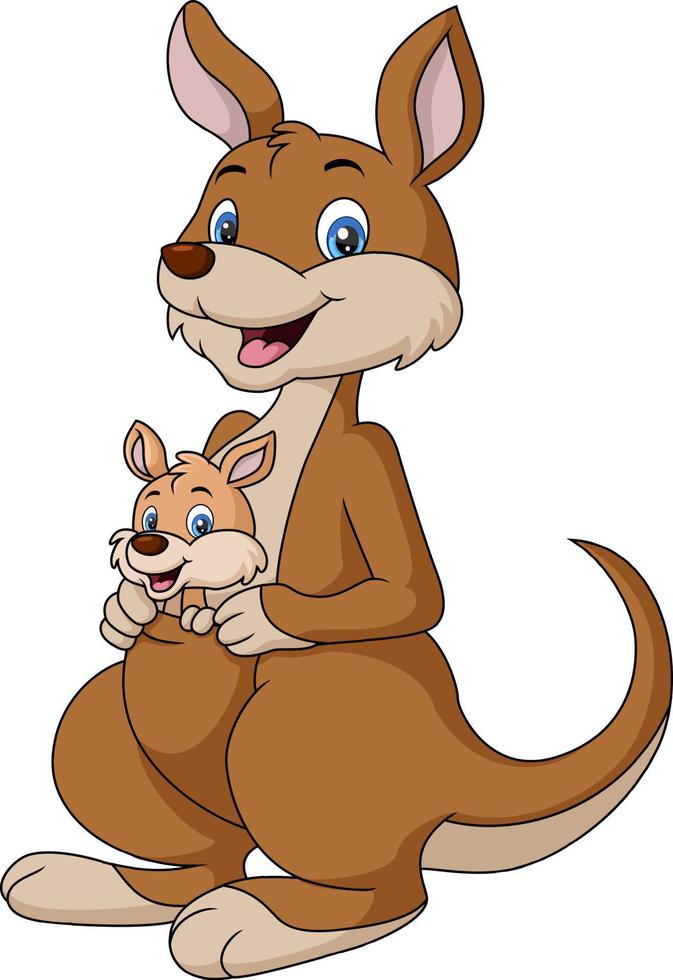 mignonne content kangourous dessin animé avec bébé joey vecteur