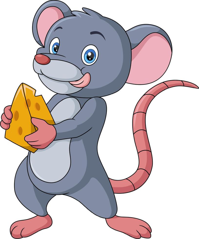 mignonne Souris dessin animé en portant tranche de fromage vecteur