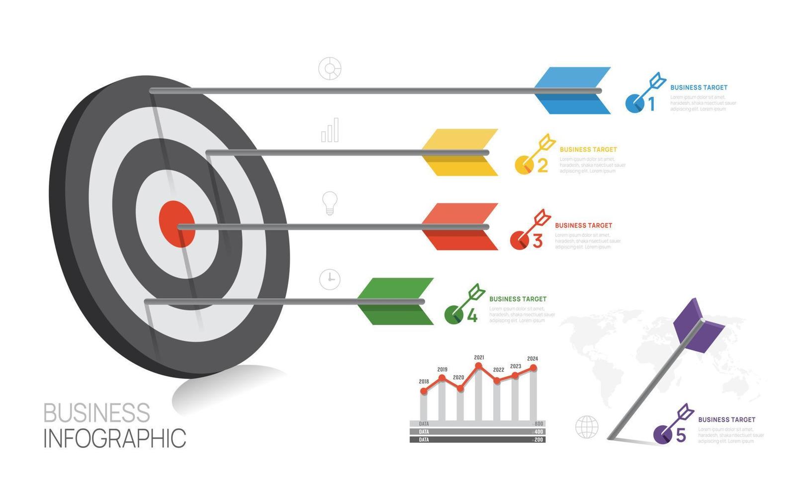 infographie modèle pour entreprise. 5 pas cible diagramme homme d'affaire avec escalier, présentation vecteur infographie.