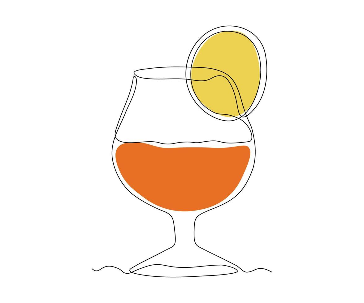 une verre avec Cognac et une tranche de citron continu un ligne dessin vecteur