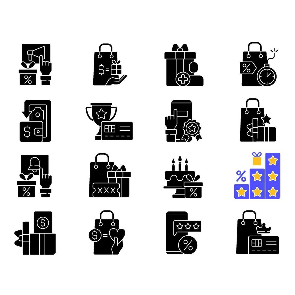 programme de fidélité icônes de glyphe noir sur espace blanc vecteur