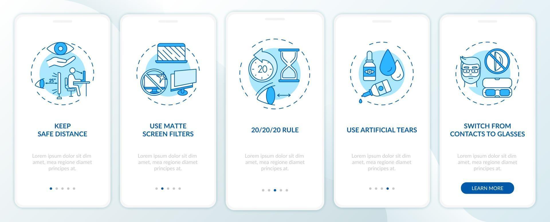 Conseils de prévention de la fatigue oculaire numérique écran de la page de l'application d'intégration avec des concepts vecteur