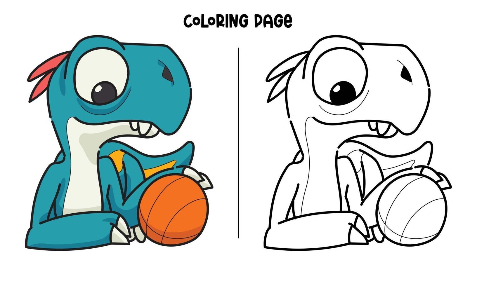 coloriage dinosaure bleu et basket-ball vecteur