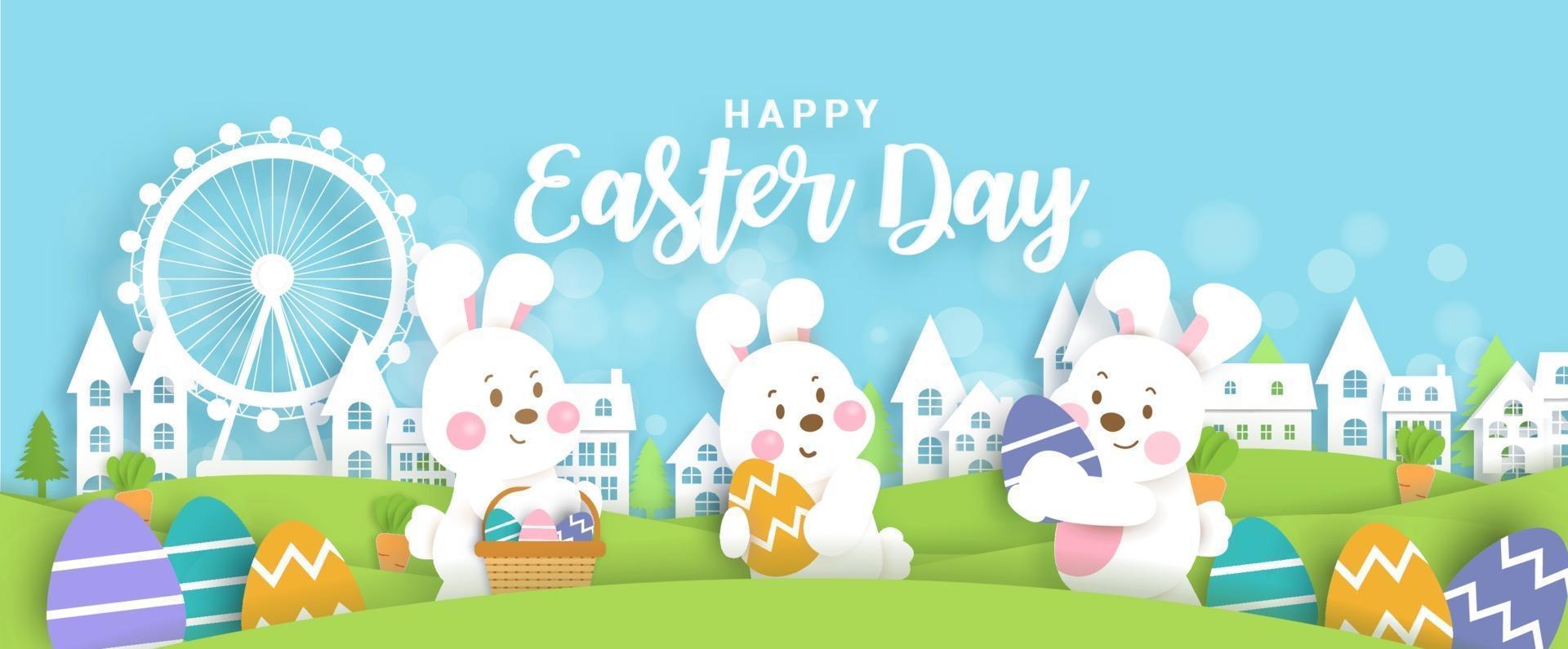 bannière de jour de Pâques avec des lapins mignons et des oeufs de Pâques. vecteur