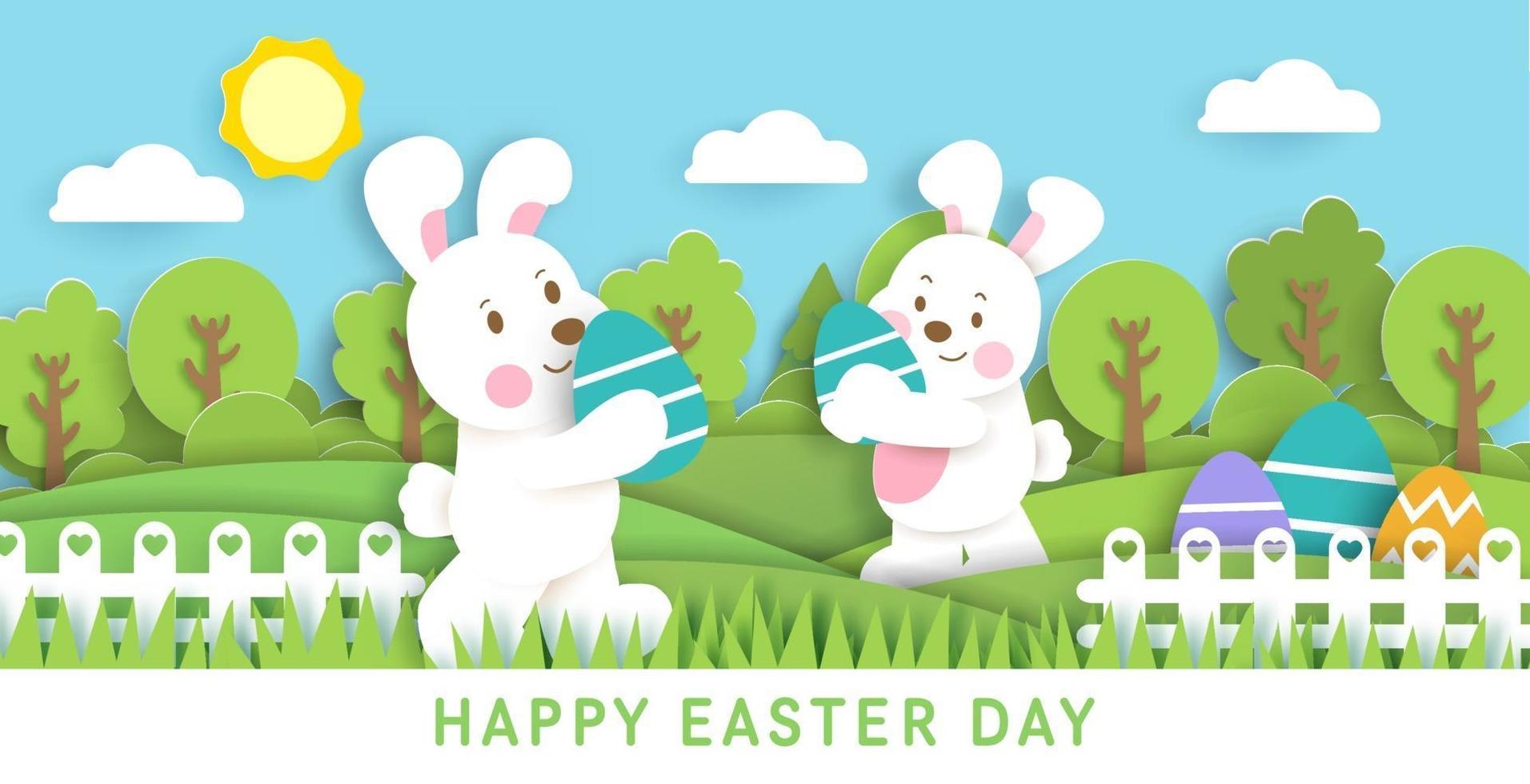 carte de jour de Pâques avec des lapins mignons et des oeufs de Pâques. vecteur