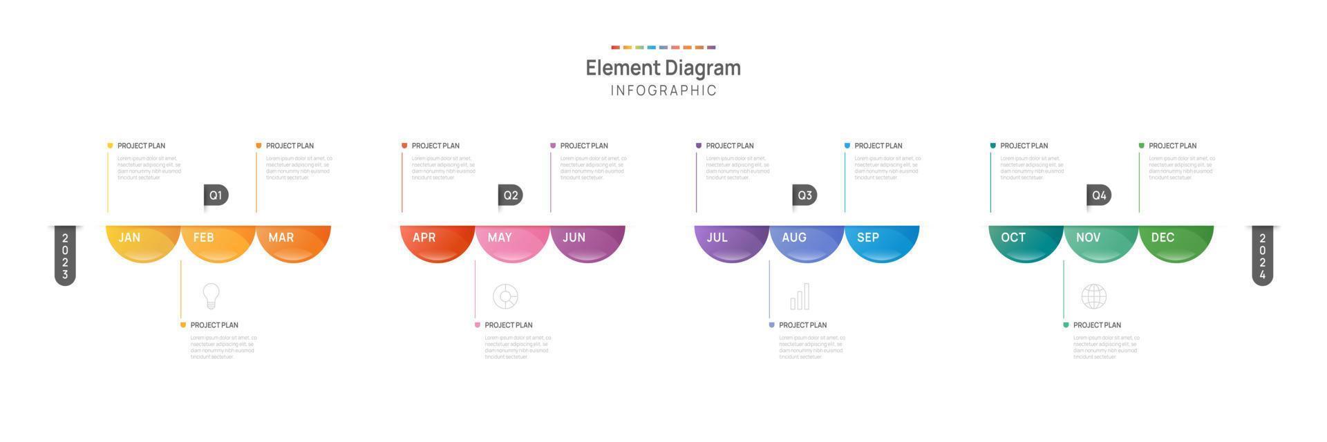 infographie modèle pour entreprise. 12 mois moderne chronologie élément diagramme calendrier, 4 trimestre pas Étape importante présentation vecteur infographie.