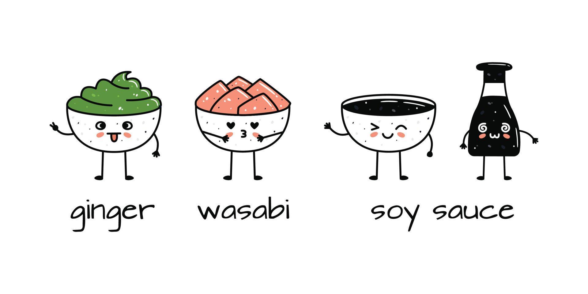 ensemble de kawaii soja sauce bouteille, gingembre et wasabi boules mascottes dans dessin animé style vecteur