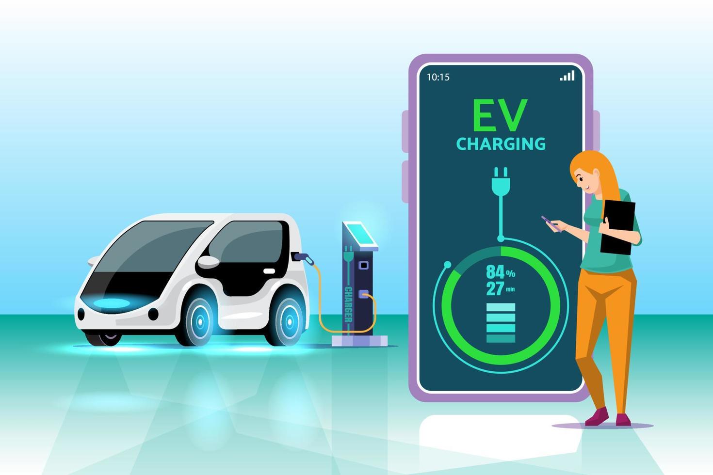 mobile application cette raconte le mise en charge statut de le électrique véhicule. mobile application pour ev voiture gestion. concept de électrique véhicule charge. vecteur