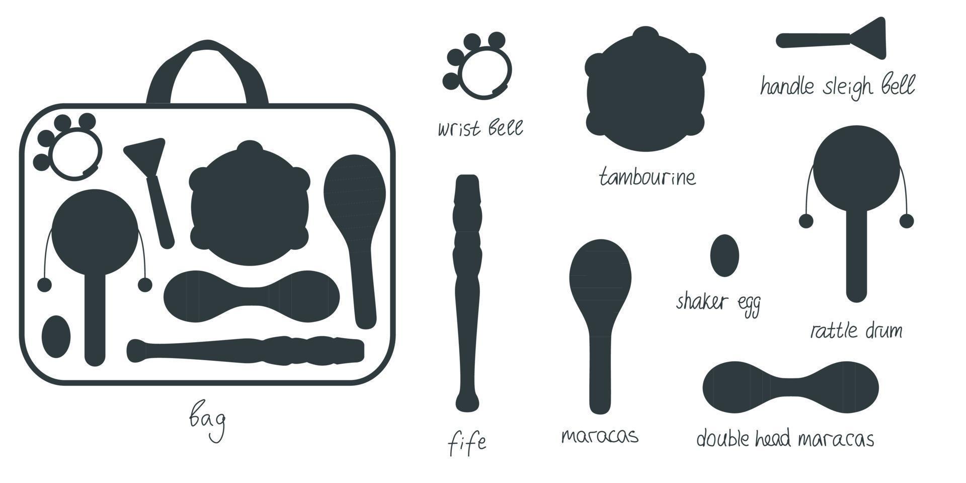 main tiré jouet musical instruments pour des gamins avec sac. plat vecteur silhouette illustration