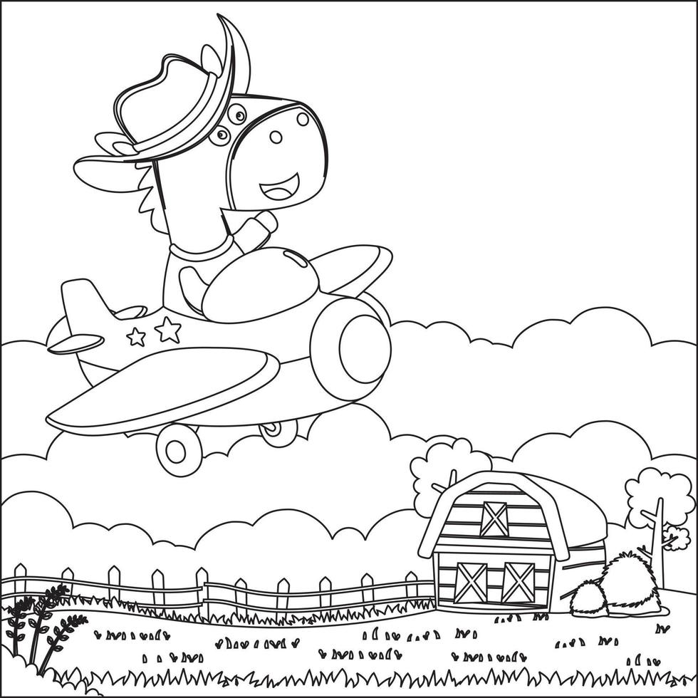 dessin animé illustration de mignonne cheval en volant dans un avion avec ligne art conception main dessin esquisser vecteur illustration pour adulte et des gamins coloration livre.