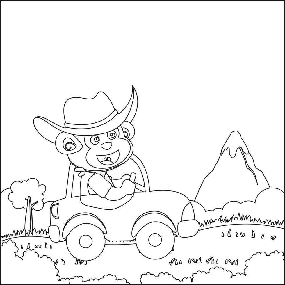 mignonne peu animal conduite une voiture aller à forêt marrant animal dessin animé, branché les enfants graphique avec ligne art conception main dessin esquisser vecteur illustration pour adulte et des gamins coloration livre.