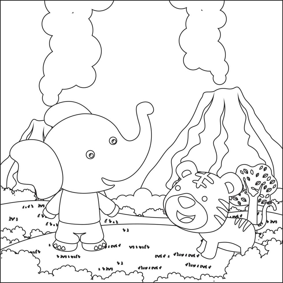 vecteur dessin animé illustration de mignonne peu l'éléphant jouer dans jungle, puéril conception pour des gamins activité coloration livre ou page.