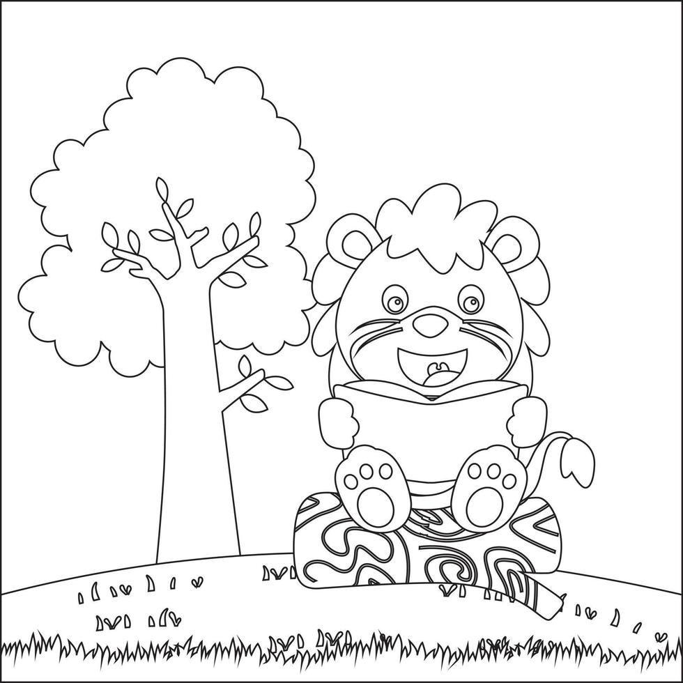 illustration de marrant Lion asseoir sur arbre tronc en train de lire une livre. Créatif vecteur puéril conception pour des gamins activité coloration livre ou page.