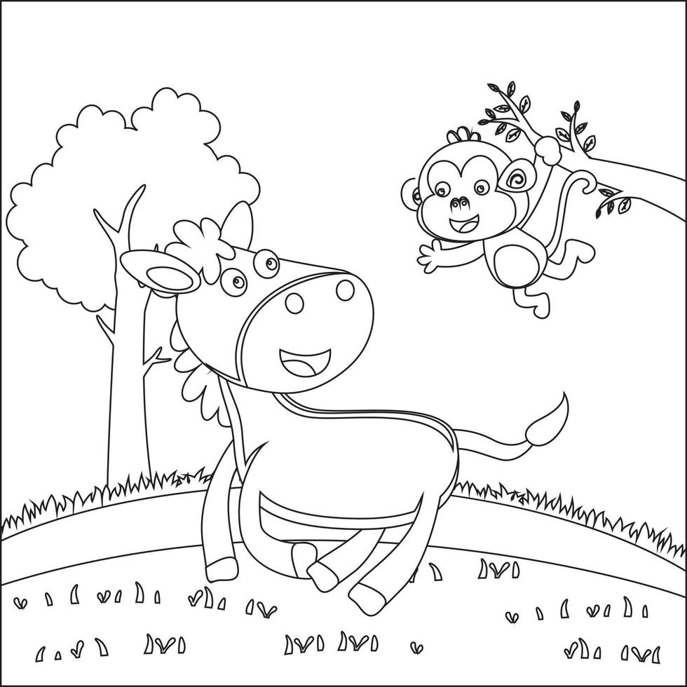 content cheval et frend dessin animé dans le ferme avec vert champ. Créatif vecteur puéril conception pour des gamins activité coloration livre ou page.