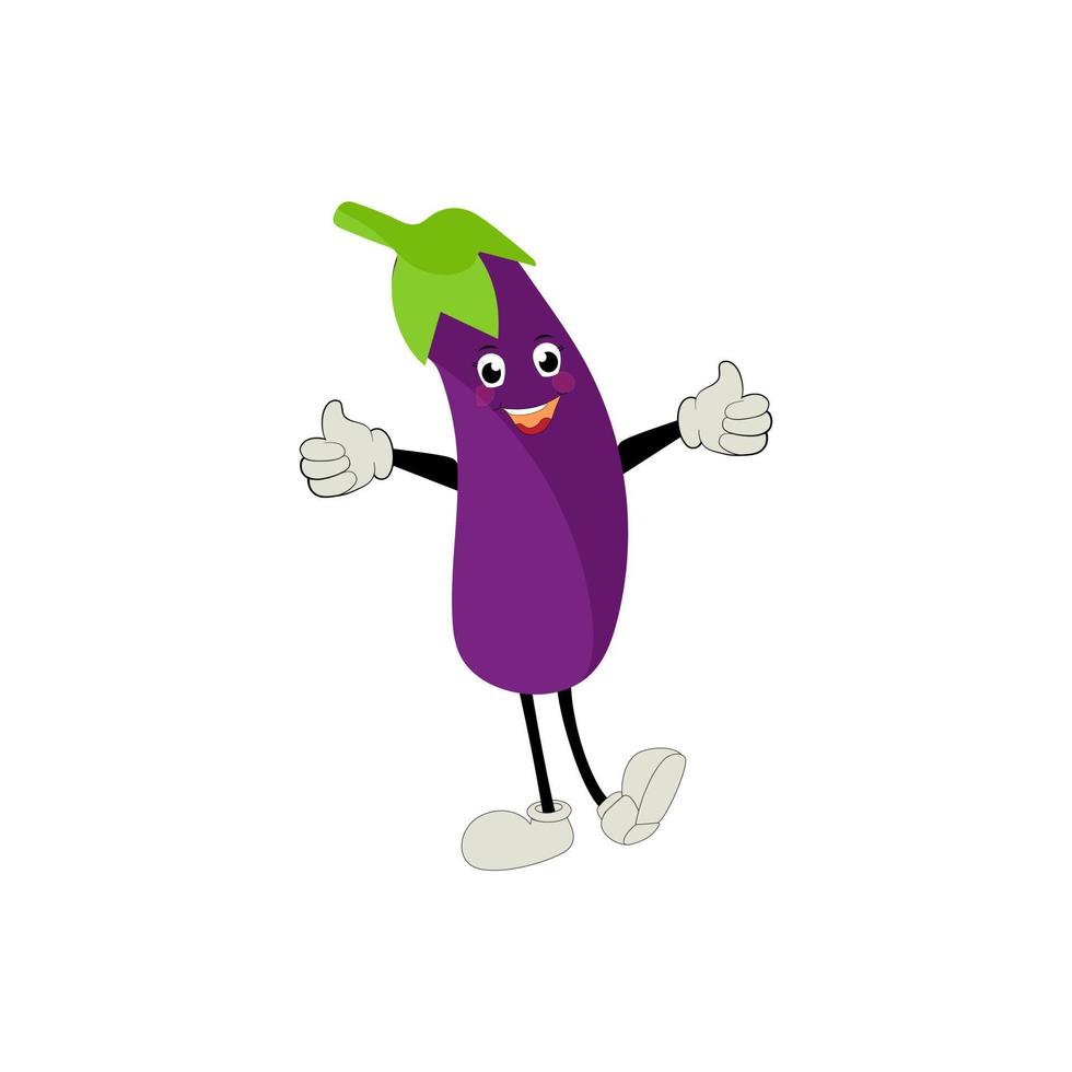 mignonne aubergine personnage vecteur illustration. plat aubergine dessin animé personnage agitant. minimal violet aubergine fruit conception pour les enfants livres. aubergine dessin animé personnage