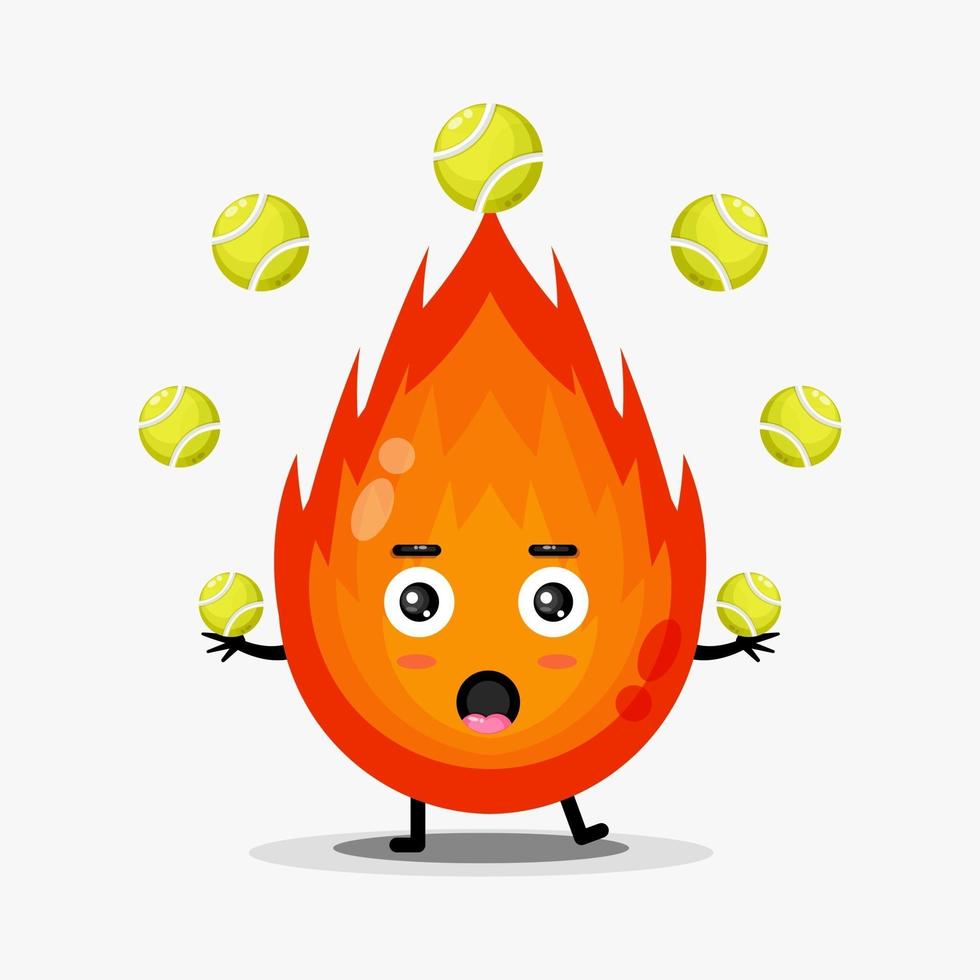 mascotte de feu mignon jouant au tennis vecteur